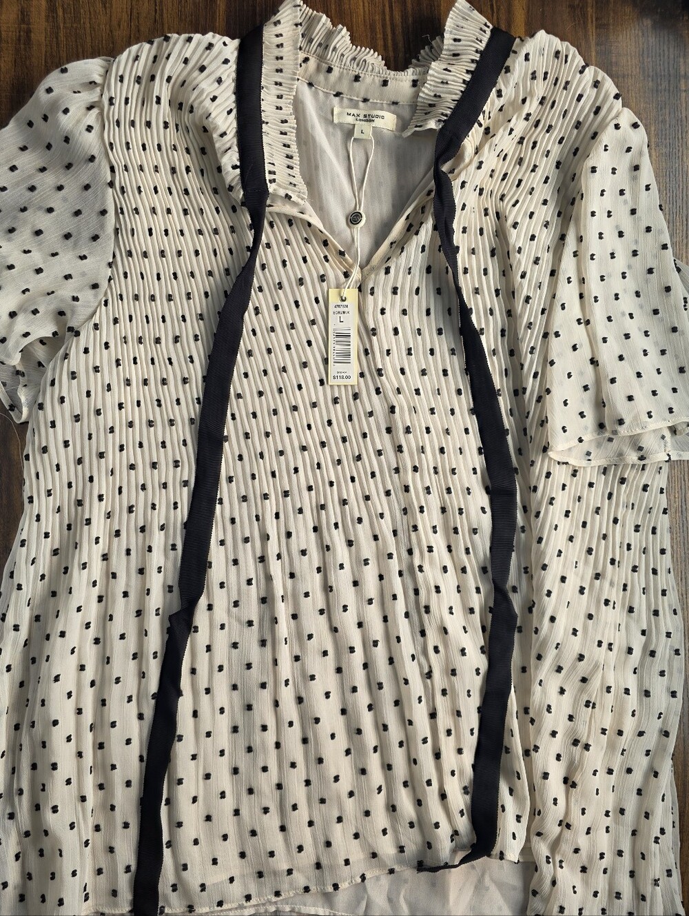 Max Studio White Polka-Detail Pleated Tie-Neck Blouse